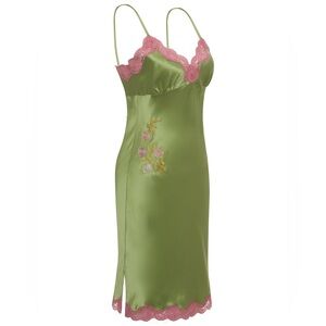 Gold Hawk Washable Silk Embroidery Slip Dress, MSRP $250.00 USD, M, NWT, Green